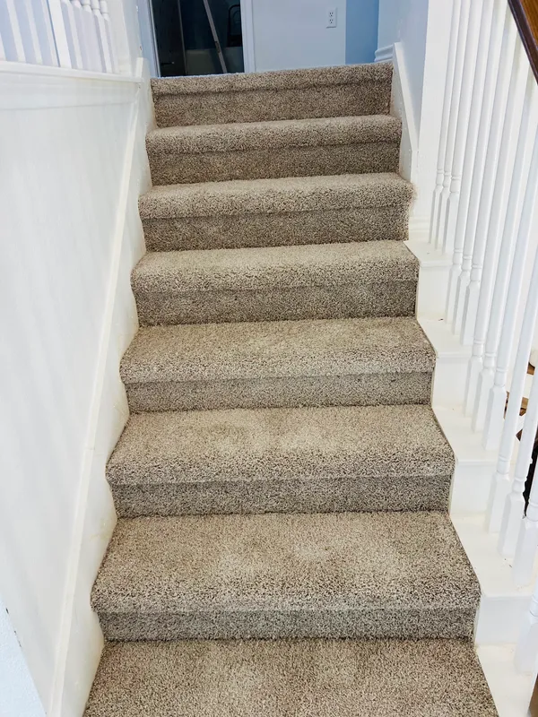 Close-up of the flight: carpet wrapped over each tread, nosing, and riser, between white balusters and a white wall.