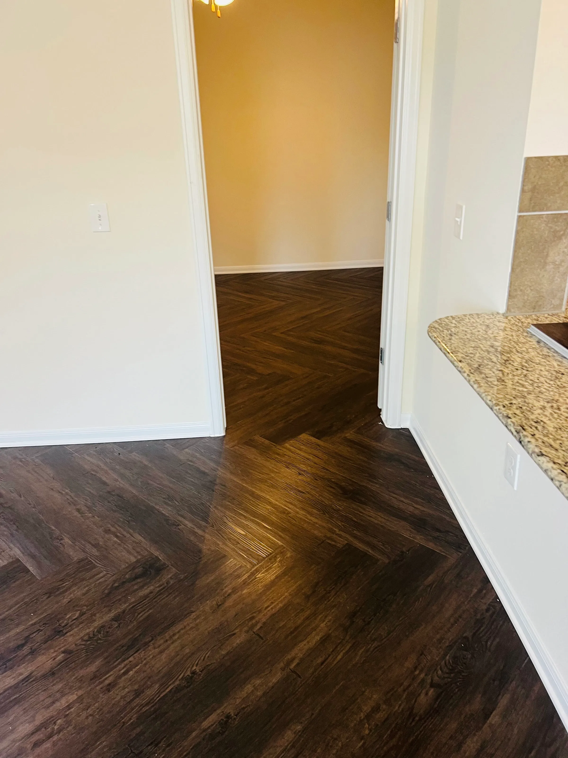 Hallway view showing dark LVP herringbone flooring extending into another room.
